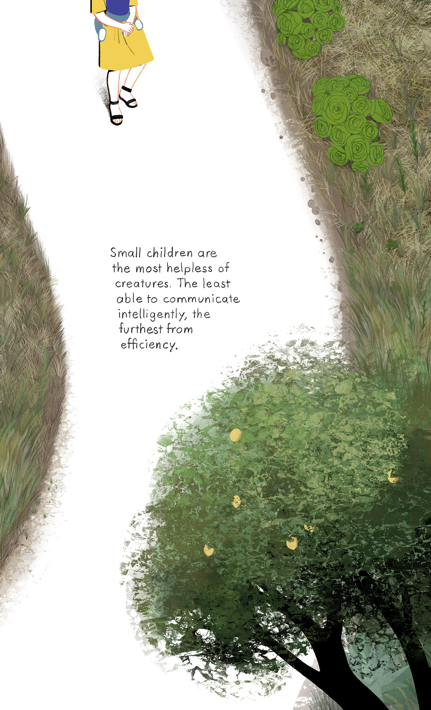 A mother walking with a child in her arms.